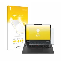 Parte frontal de un envase de producto con el logotipo de la marca upscreen. Al lado se muestra el dispositivo Lenovo ThinkPad