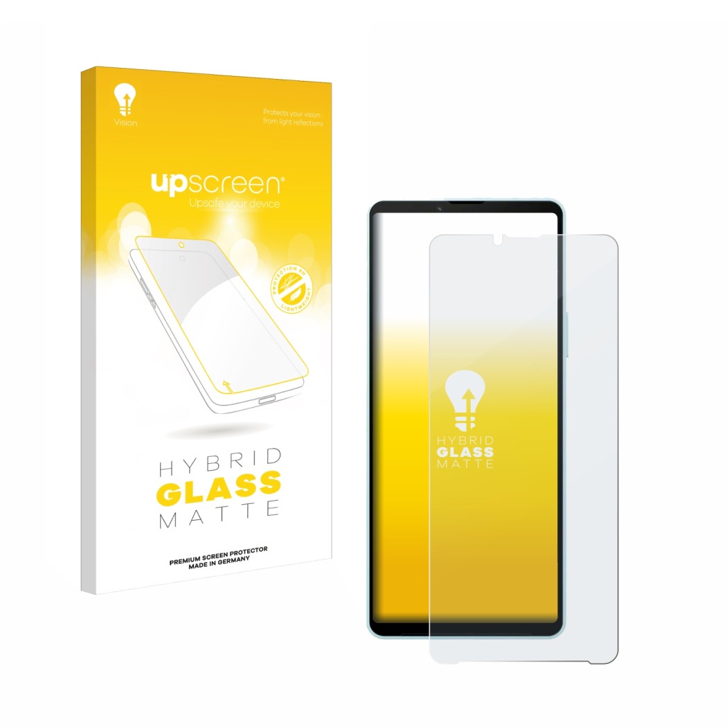 Face avant d’un emballage produit avec le logo de la marque upscreen. À côté, l’appareil Sony Xperia 10 VI est représenté avec