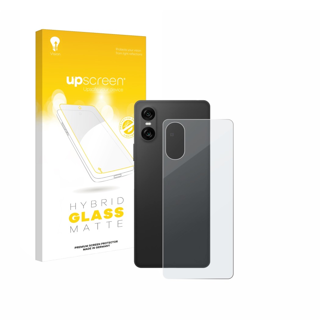 Front side of a product packaging with the brand logo upscreen. Next to it is the device Sony Xperia 10 VI (Back) shown with t