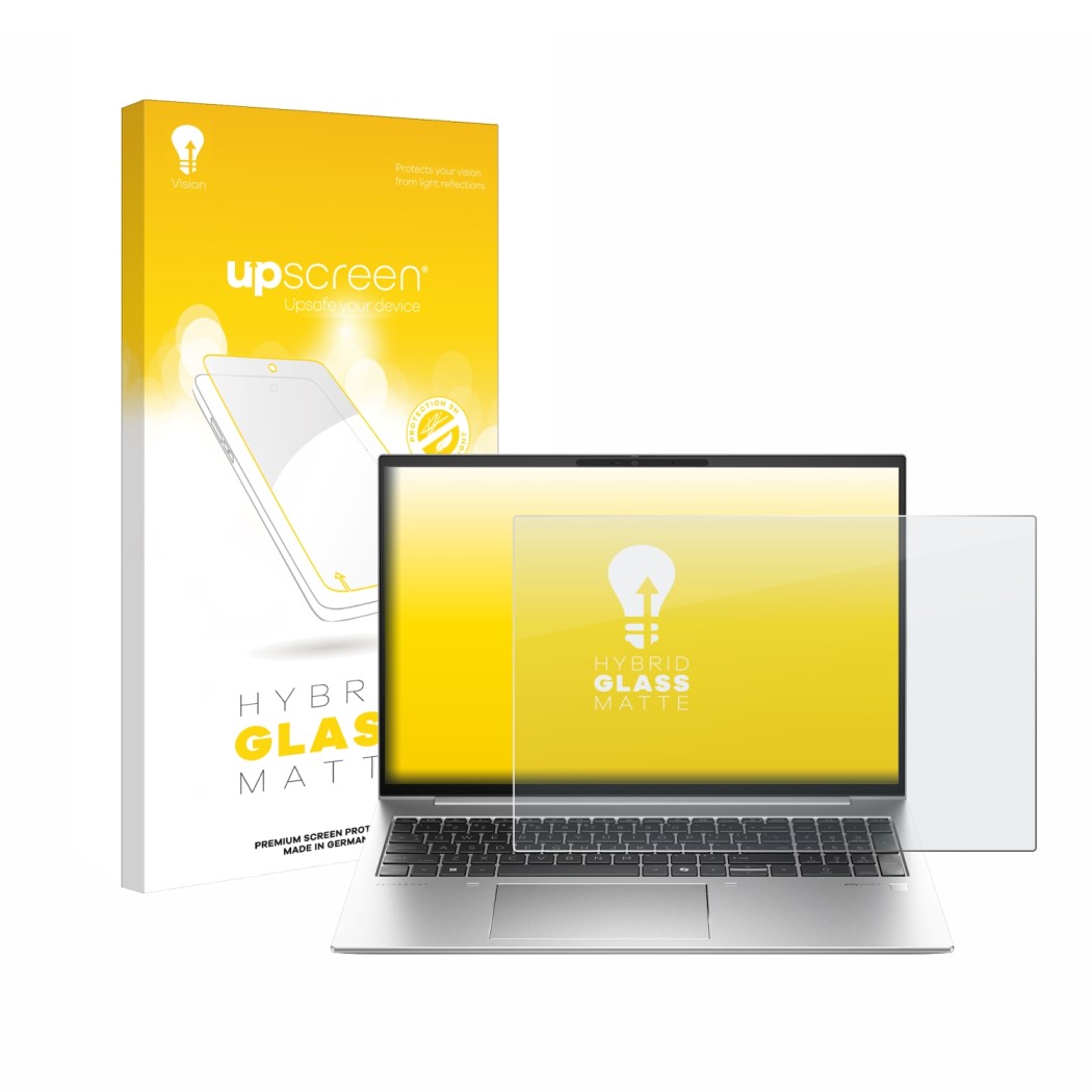 Vorderseite einer Produktverpackung mit dem Markenlogo upscreen. Daneben ist das Gerät HP EliteBook 840 G11 mit dem zugehörige