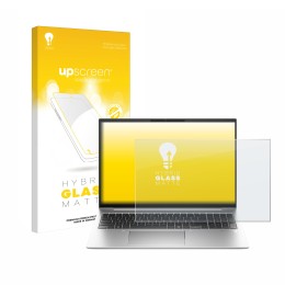 Parte frontal de un envase de producto con el logotipo de la marca upscreen. Al lado se muestra el dispositivo HP EliteBook 86