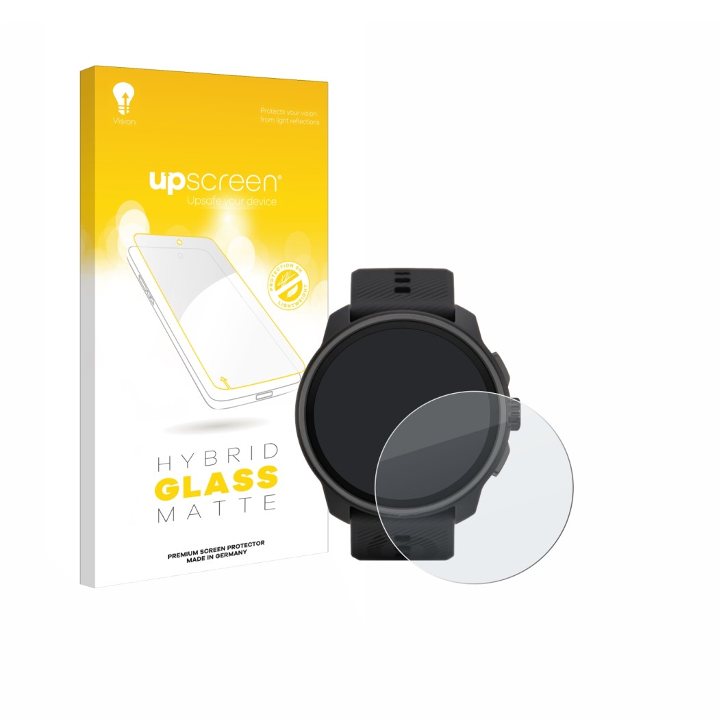 Vorderseite einer Produktverpackung mit dem Markenlogo upscreen. Daneben ist das Gerät Suunto Race S mit dem zugehörigen Displ