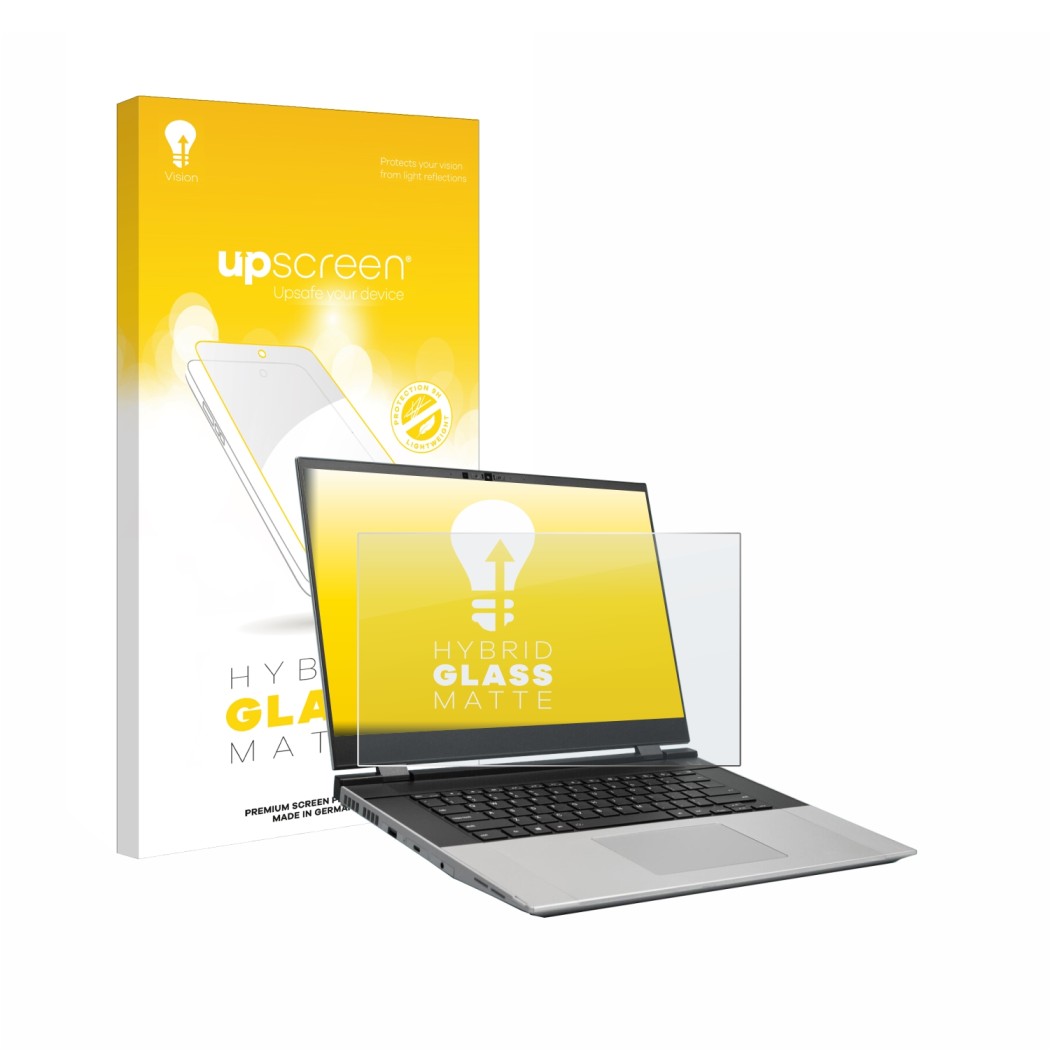 Vorderseite einer Produktverpackung mit dem Markenlogo upscreen. Daneben ist das Gerät Framework Laptop 16 mit dem zugehörigen