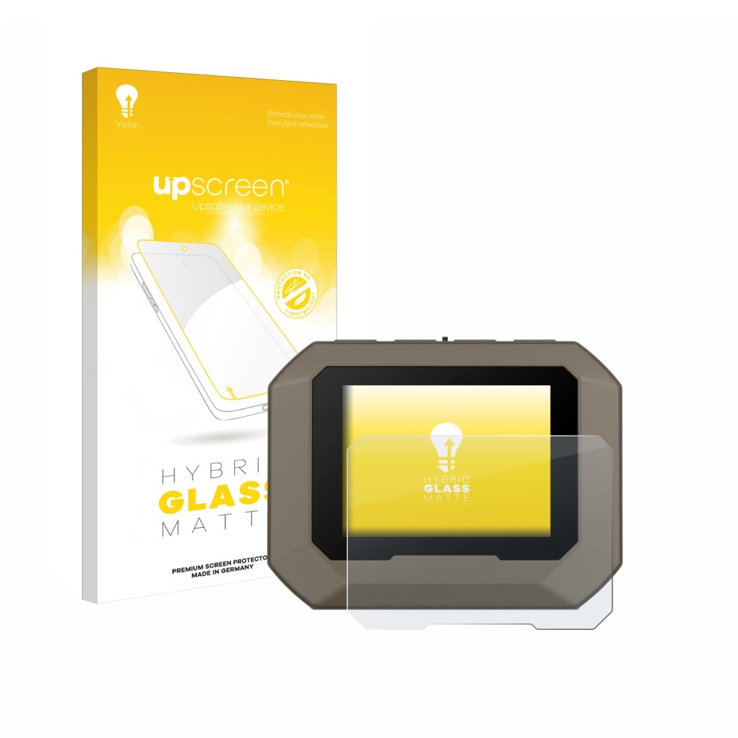 Parte frontal de un envase de producto con el logotipo de la marca upscreen. Al lado se muestra el dispositivo Garmin Xero C1 