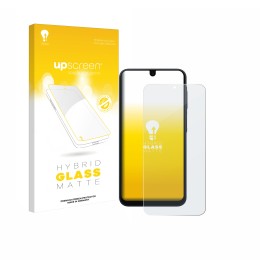 Parte frontal de un envase de producto con el logotipo de la marca upscreen. Al lado se muestra el dispositivo Samsung Galaxy 