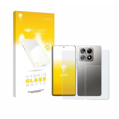 Face avant d’un emballage produit avec le logo de la marque upscreen. À côté, l’appareil Xiaomi 14T Pro (Avant+Arrière) est re