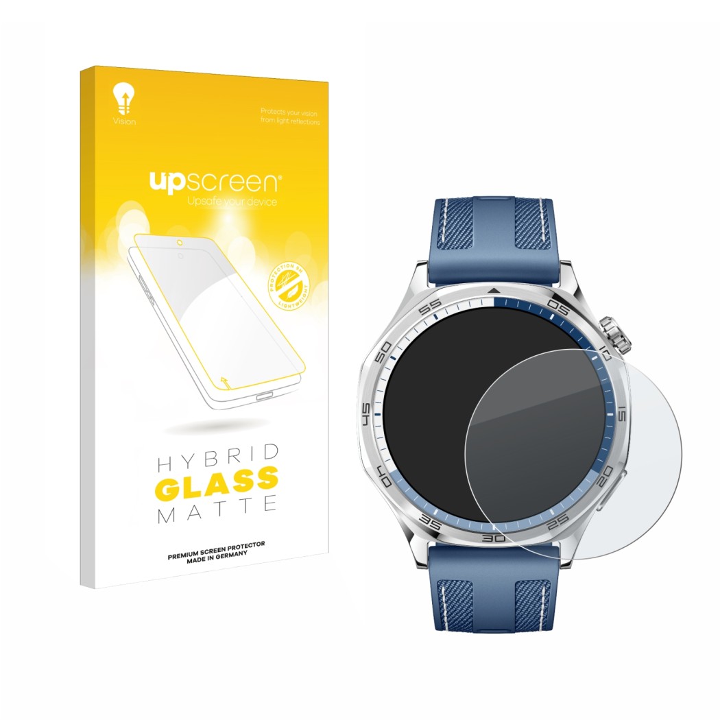 Vorderseite einer Produktverpackung mit dem Markenlogo upscreen. Daneben ist das Gerät Huawei Watch GT 5 (46 mm) mit dem zugeh
