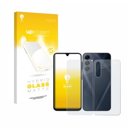 Parte frontal de un envase de producto con el logotipo de la marca upscreen. Al lado se muestra el dispositivo Samsung Galaxy 