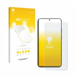 Parte frontal de un envase de producto con el logotipo de la marca upscreen. Al lado se muestra el dispositivo Samsung Galaxy 