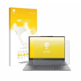 Parte frontal de un envase de producto con el logotipo de la marca upscreen. Al lado se muestra el dispositivo Lenovo Yoga 7i 