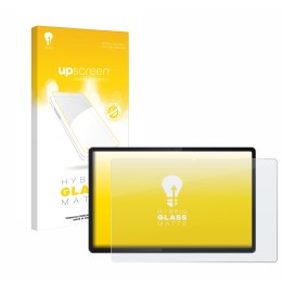 Parte frontal de un envase de producto con el logotipo de la marca upscreen. Al lado se muestra el dispositivo Lenovo Idea Tab