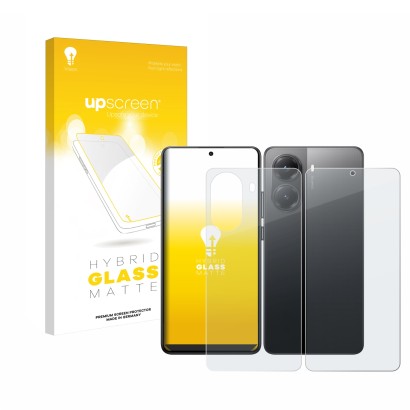 Face avant d’un emballage produit avec le logo de la marque upscreen. À côté, l’appareil Xiaomi Poco X7 Pro (Avant+Arrière) es