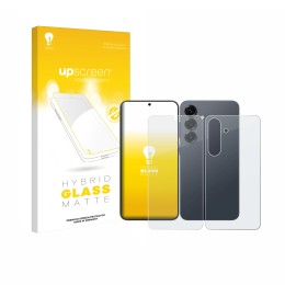 Parte frontal de un envase de producto con el logotipo de la marca upscreen. Al lado se muestra el dispositivo Samsung Galaxy 