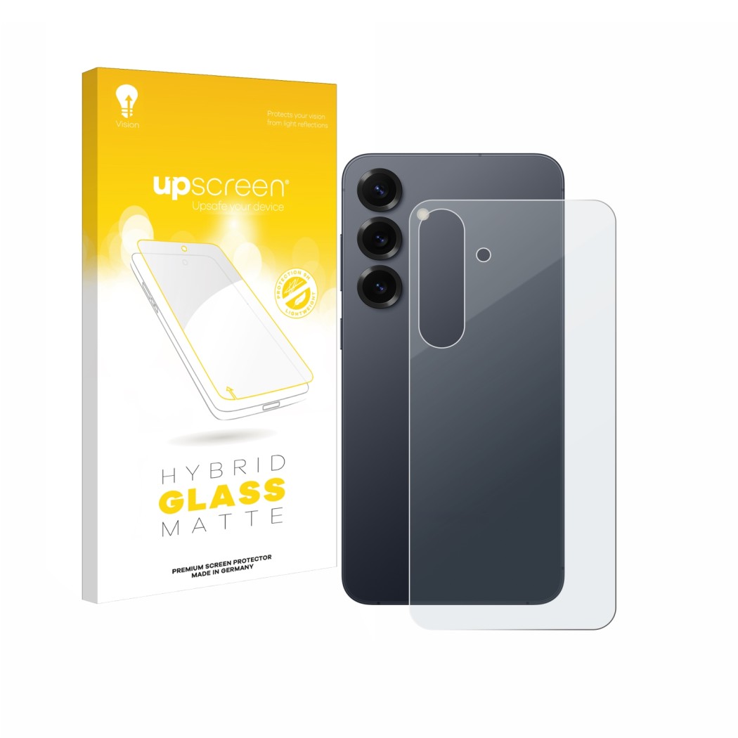 Vorderseite einer Produktverpackung mit dem Markenlogo upscreen. Daneben ist das Gerät Samsung Galaxy S25 Plus (Rückseite) mit