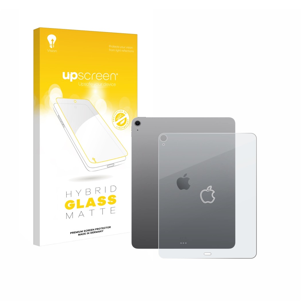 Parte frontal de un envase de producto con el logotipo de la marca upscreen. Al lado se muestra el dispositivo Apple iPad Air 