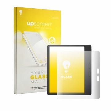 Parte frontal de un envase de producto con el logotipo de la marca upscreen. Al lado se muestra el dispositivo Boox Leaf 5 con