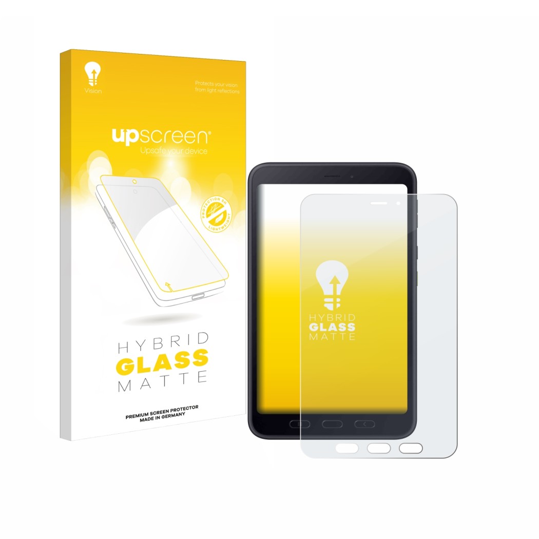 Vorderseite einer Produktverpackung mit dem Markenlogo upscreen. Daneben ist das Gerät Samsung galaxy Tab Active 5 5G Enterpri