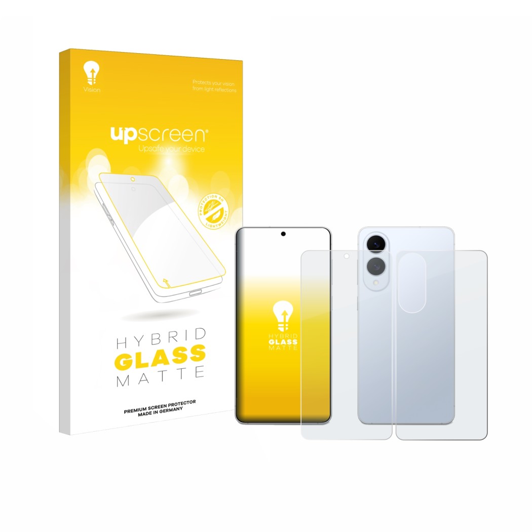 Vorderseite einer Produktverpackung mit dem Markenlogo upscreen. Daneben ist das Gerät Samsung Galaxy S25 Edge (Display+Rückse