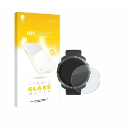 Parte frontal de un envase de producto con el logotipo de la marca upscreen. Al lado se muestra el dispositivo Polar Grit X2 c