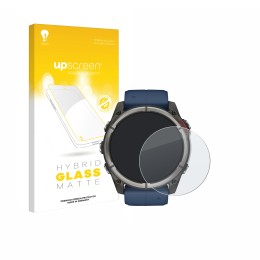 Parte frontal de un envase de producto con el logotipo de la marca upscreen. Al lado se muestra el dispositivo Garmin quatix 8