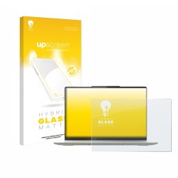 Parte frontal de un envase de producto con el logotipo de la marca upscreen. Al lado se muestra el dispositivo Lenovo Yoga 7 2