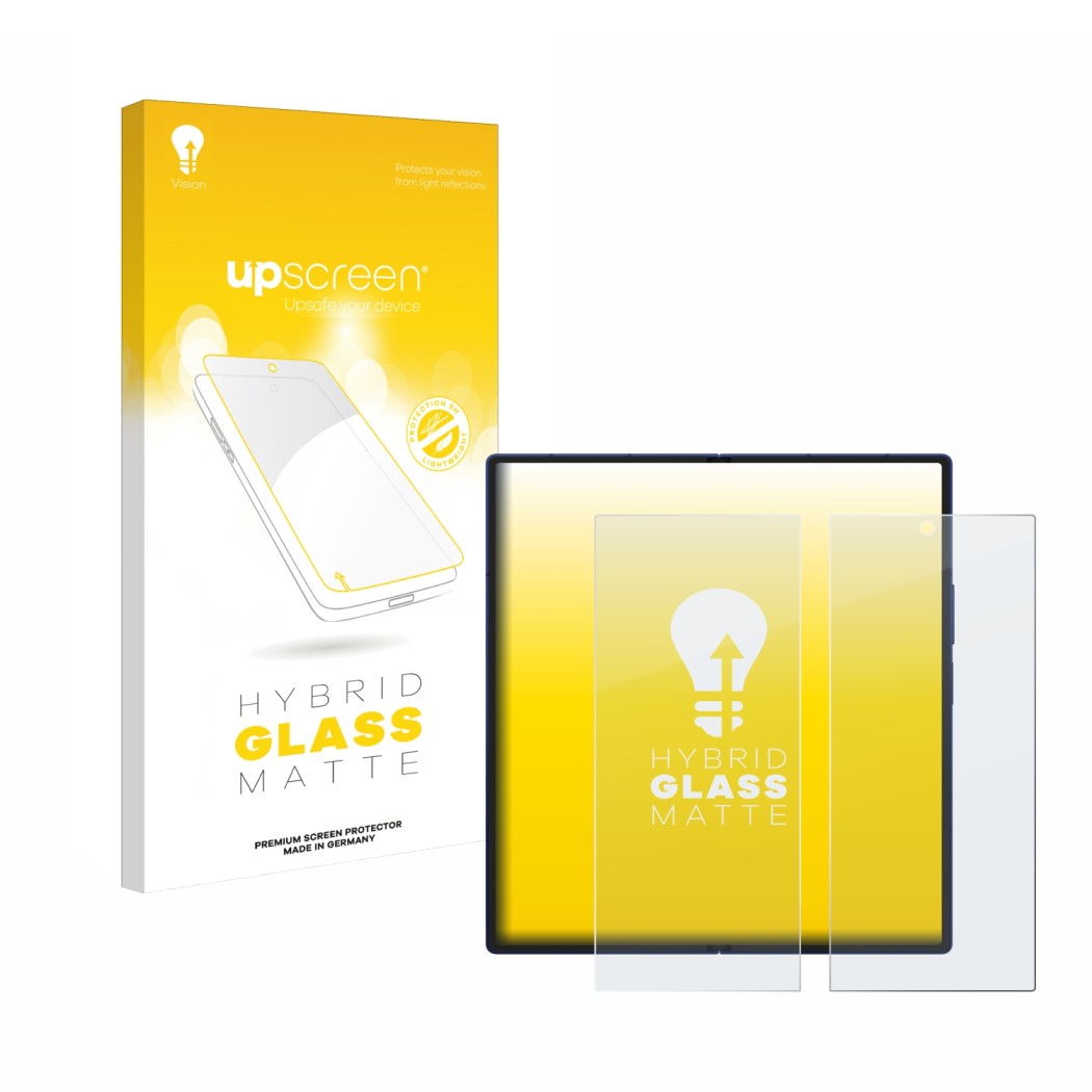 Front side of a product packaging with the brand logo upscreen. Next to it is the device Samsung Galaxy Z Fold 7 (Inner displa