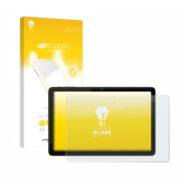 Parte frontal de un envase de producto con el logotipo de la marca upscreen. Al lado se muestra el dispositivo VALE Tablet V10