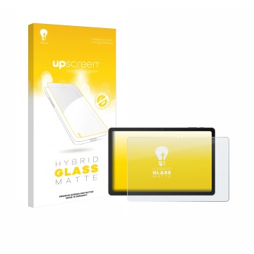 Parte frontal de un envase de producto con el logotipo de la marca upscreen. Al lado se muestra el dispositivo VALE Tablet V11