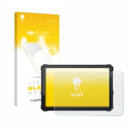 Parte frontal de un envase de producto con el logotipo de la marca upscreen. Al lado se muestra el dispositivo Blackview Activ