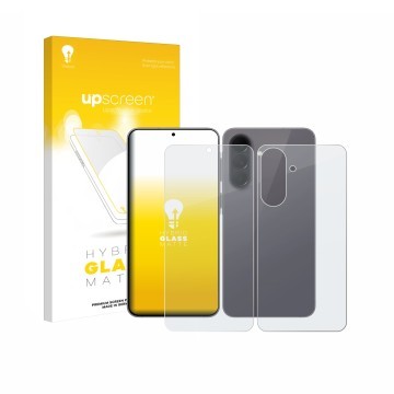 Parte frontal de un envase de producto con el logotipo de la marca upscreen. Al lado se muestra el dispositivo Samsung Galaxy 