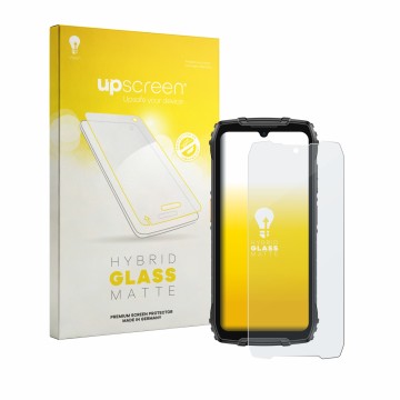 Parte frontal de un envase de producto con el logotipo de la marca upscreen. Al lado se muestra el dispositivo Ulefone RugKing