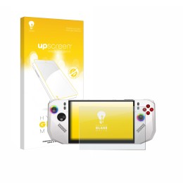 Face avant d’un emballage produit avec le logo de la marque upscreen. À côté, l’appareil MSI Claw A8 BZ2EM est représenté avec