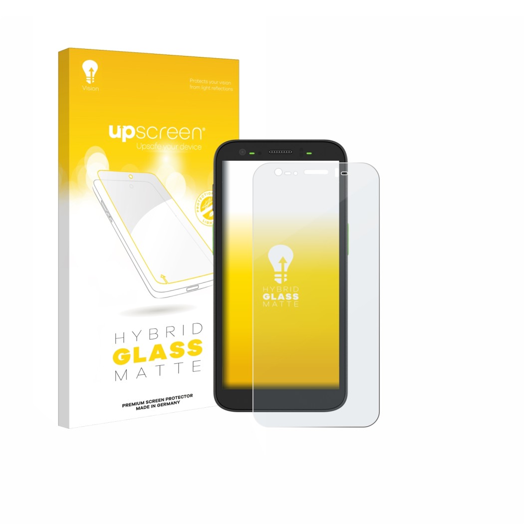 Face avant d’un emballage produit avec le logo de la marque upscreen. À côté, l’appareil Zebra TC501 est représenté avec la pr