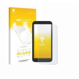 Face avant d’un emballage produit avec le logo de la marque upscreen. À côté, l’appareil Zebra TC501 est représenté avec la pr