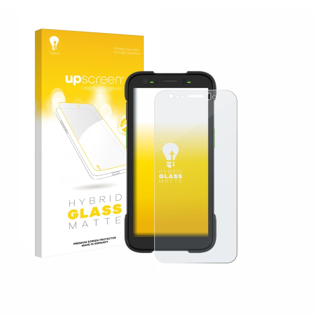 Face avant d’un emballage produit avec le logo de la marque upscreen. À côté, l’appareil Zebra TC701 est représenté avec la pr