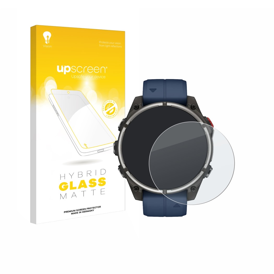 Vorderseite einer Produktverpackung mit dem Markenlogo upscreen. Daneben ist das Gerät Garmin quatix 8 Pro (47 mm) mit dem zug