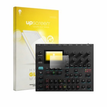Parte frontale di una confezione del prodotto con il logo del marchio upscreen. Accanto è raffigurato il dispositivo Elektron 