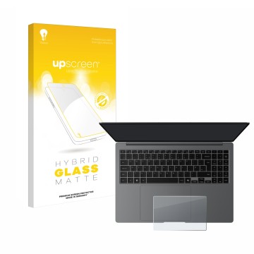 Parte frontal de un envase de producto con el logotipo de la marca upscreen. Al lado se muestra el dispositivo Samsung Galaxy 