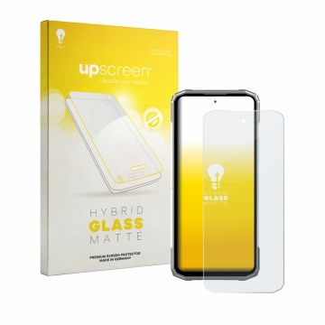 Parte frontal de un envase de producto con el logotipo de la marca upscreen. Al lado se muestra el dispositivo Doogee Blade 20