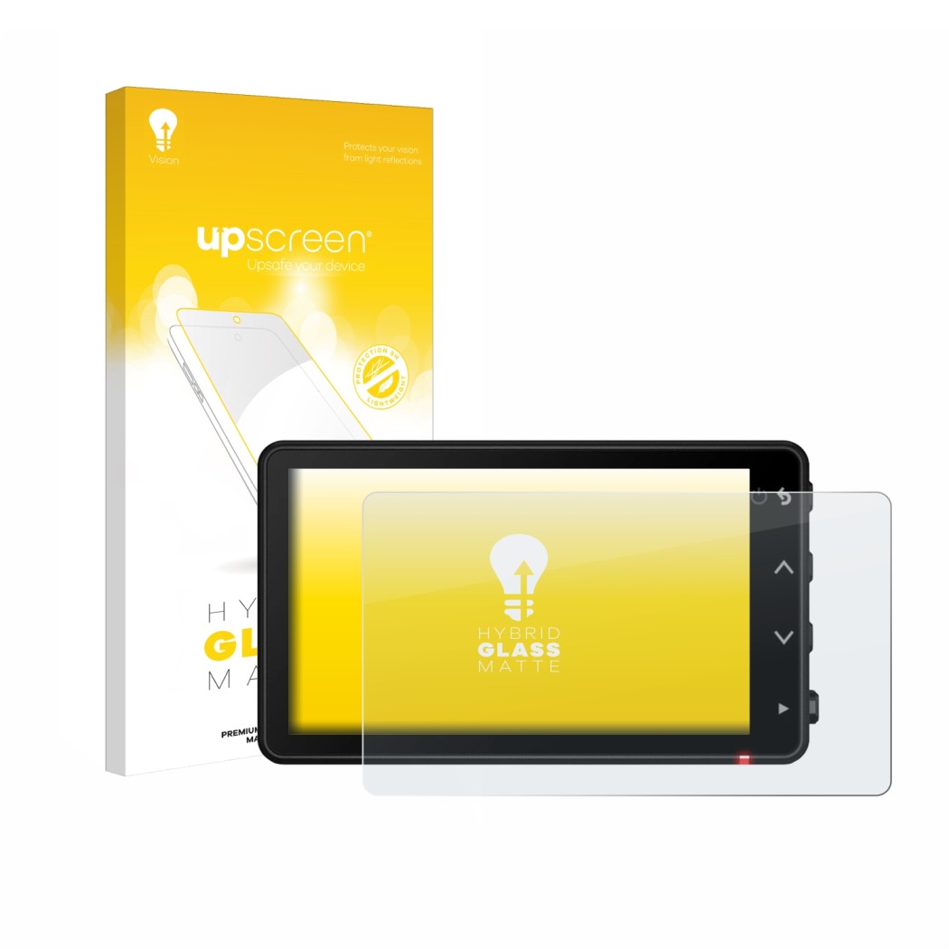 Face avant d’un emballage produit avec le logo de la marque upscreen. À côté, l’appareil Garmin Catalyst 2 est représenté avec