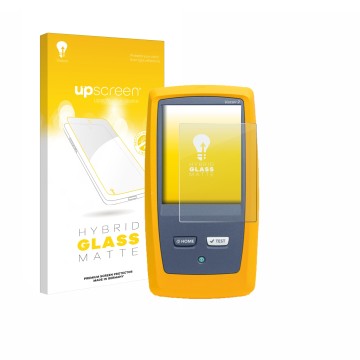 Vorderseite einer Produktverpackung mit dem Markenlogo upscreen. Daneben ist das Gerät Fluke DSX8000 mit dem zugehörigen Displ