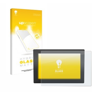 Parte frontal de un envase de producto con el logotipo de la marca upscreen. Al lado se muestra el dispositivo WAGO Web Panel 