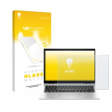 Face avant d’un emballage produit avec le logo de la marque upscreen. À côté, l’appareil HP Elite x360 830 G10 2-in-1 est repr