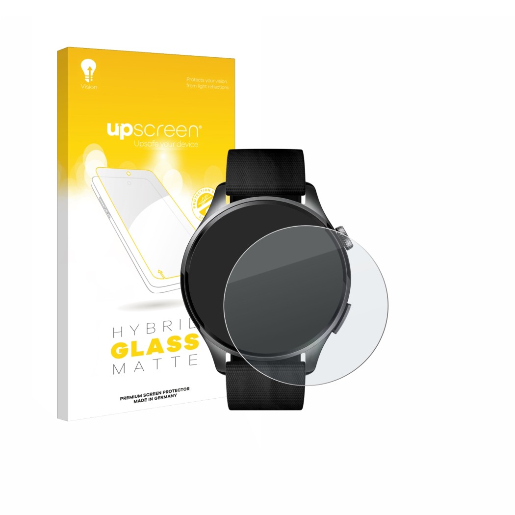 Parte frontal de un envase de producto con el logotipo de la marca upscreen. Al lado se muestra el dispositivo Xiaomi Watch 5 
