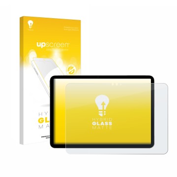 Parte frontal de un envase de producto con el logotipo de la marca upscreen. Al lado se muestra el dispositivo Apple iPad Air 