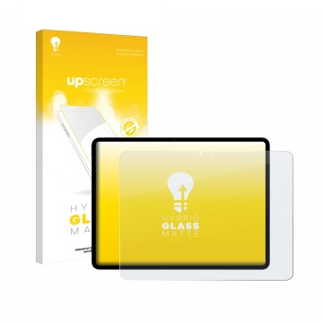 Parte frontal de un envase de producto con el logotipo de la marca upscreen. Al lado se muestra el dispositivo Apple iPad Air 