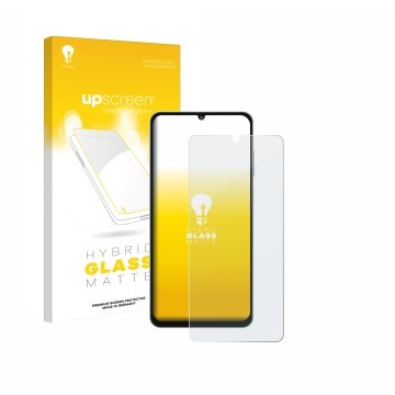 Face avant d’un emballage produit avec le logo de la marque upscreen. À côté, l’appareil Samsung Galaxy M06 est représenté ave