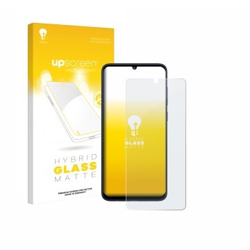 Face avant d’un emballage produit avec le logo de la marque upscreen. À côté, l’appareil Samsung Galaxy F05 est représenté ave