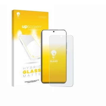 Parte frontal de un envase de producto con el logotipo de la marca upscreen. Al lado se muestra el dispositivo Huawei Nova 12 