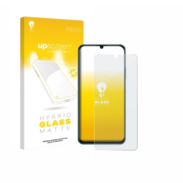 Vorderseite einer Produktverpackung mit dem Markenlogo upscreen. Daneben ist das Gerät Huawei Enjoy 70 mit dem zugehörigen Dis